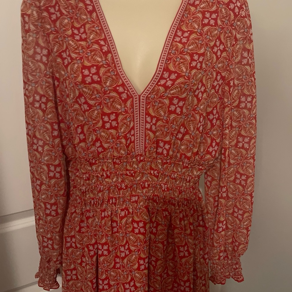Max Studio London Women's L  Red Boho Paisley Smocked Ruffle dresses - Picture 15 of 15